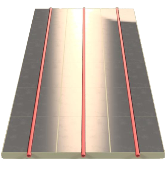 Trockenestrichplatte aus Polysterol mit Aluleitblech als Fußbodenheizungselement