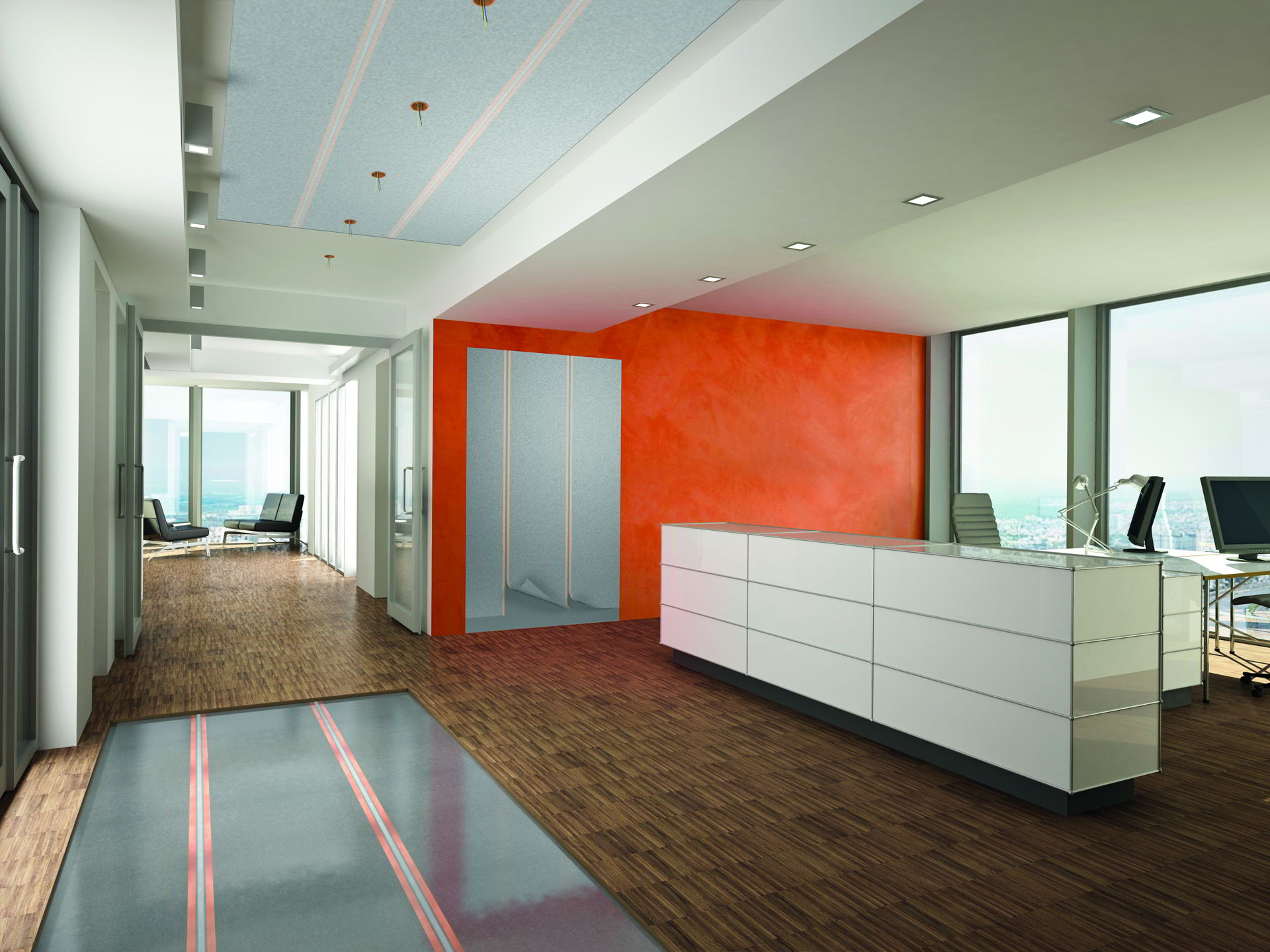 Zu sehen ist ein Büroraum mit Infrarotheizungen an Wand, Boden und Decke