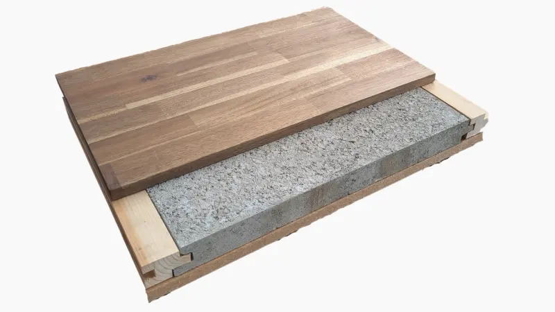 Schnittansicht des Lithotherm Trockenestrichs LW86 als Basis für einen Massivholzboden,